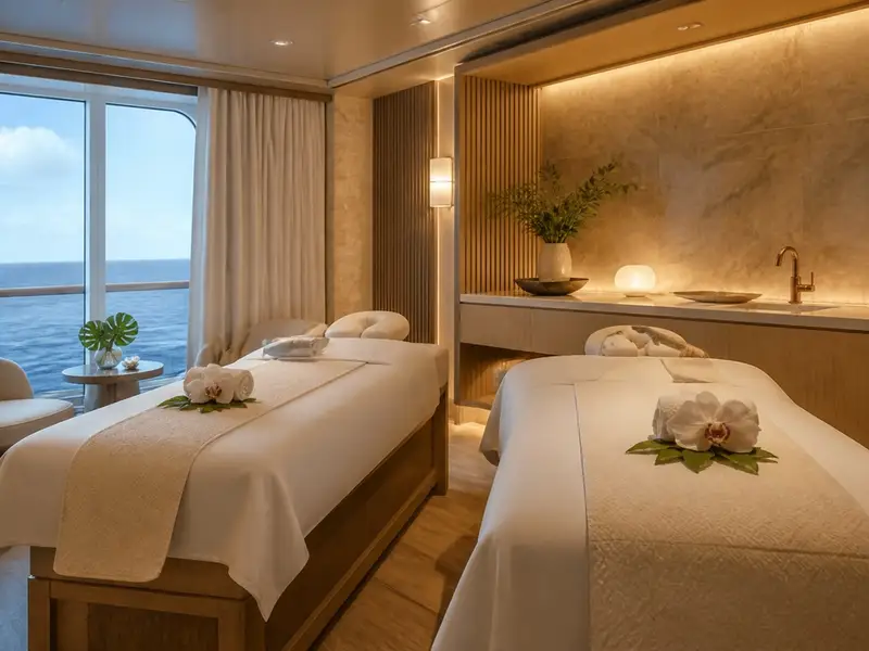 Camillas de masaje frente a una ventana con vista al mar